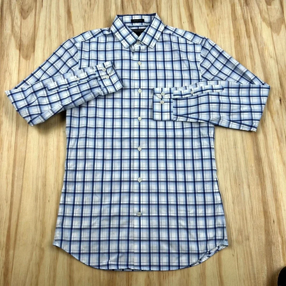 Banana Republic Dress Shirt Men's S White Blue Plaid Non-Iron Grant Fit Classic